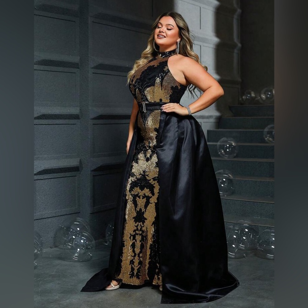Women Plus Sequin Black & Gold Formal Evening Gown - Picture 7 of 11